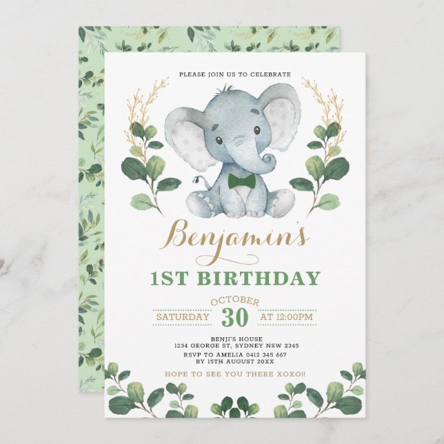 Little Gentleman Elephant Greenery Gold Birthday Invitation (Front/Back)