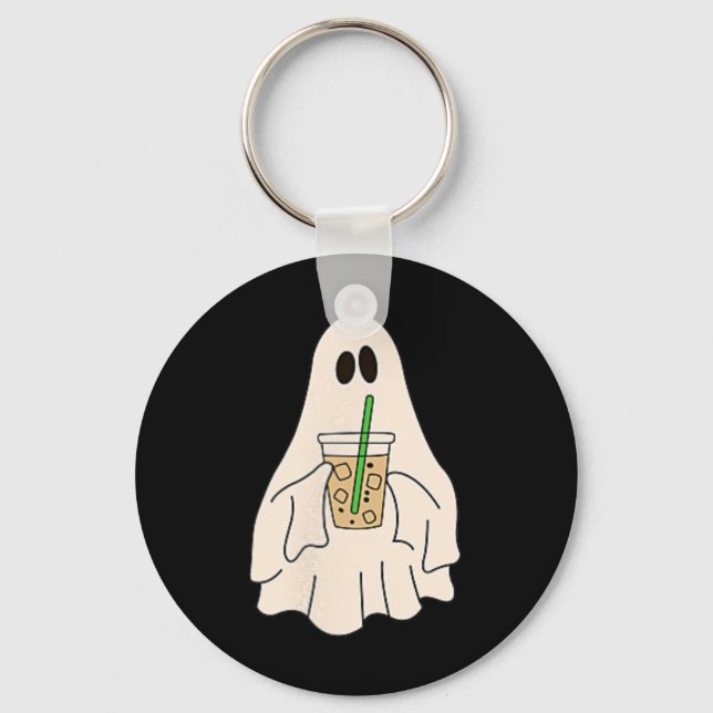Little Ghost Drinking Iced Coffee Halloween Spooky Key Ring (Front)