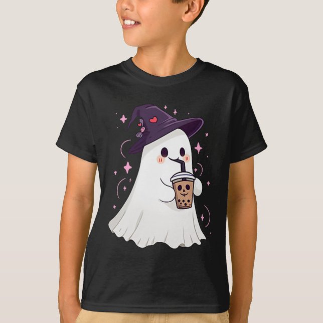 Little Ghost Ice Coffee Spooky Season Cute Ghost H T-Shirt (Front)