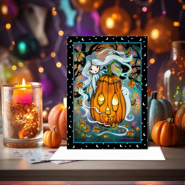 Little Ghost with Giant Pumpkin Cute Art Card (Creator Uploaded)