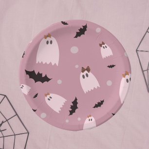 Little ghosts with bows pink Halloween  Paper Plate