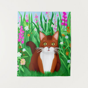 Little Ginger Brown Kitty in a Field of Flowers Tapestry