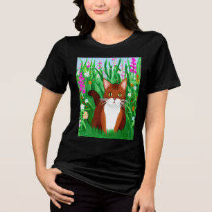 Little Ginger Brown Kitty in a Field of Flowers Tri-Blend Shirt