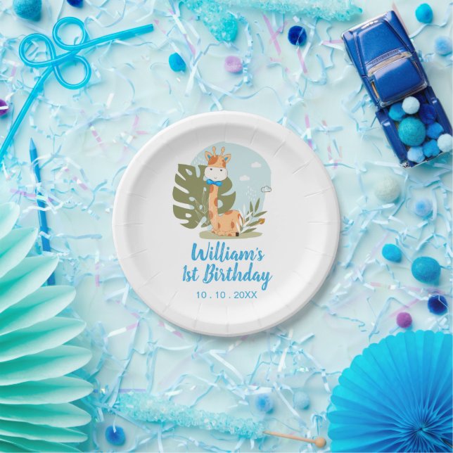 Little Giraffe (Boy Safari Animal) Birthday Paper Plate (Party)