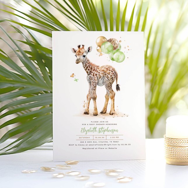 Little Giraffe Gender Neutral Boho Baby Shower Invitation (Giraffe and Green Balloons Baby Shower Invitations)