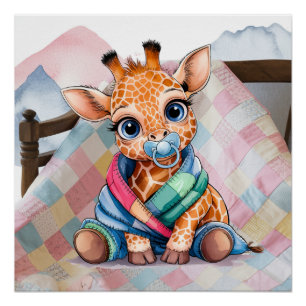 Little Giraffe Pacifier and Blanket Baby Shower Poster