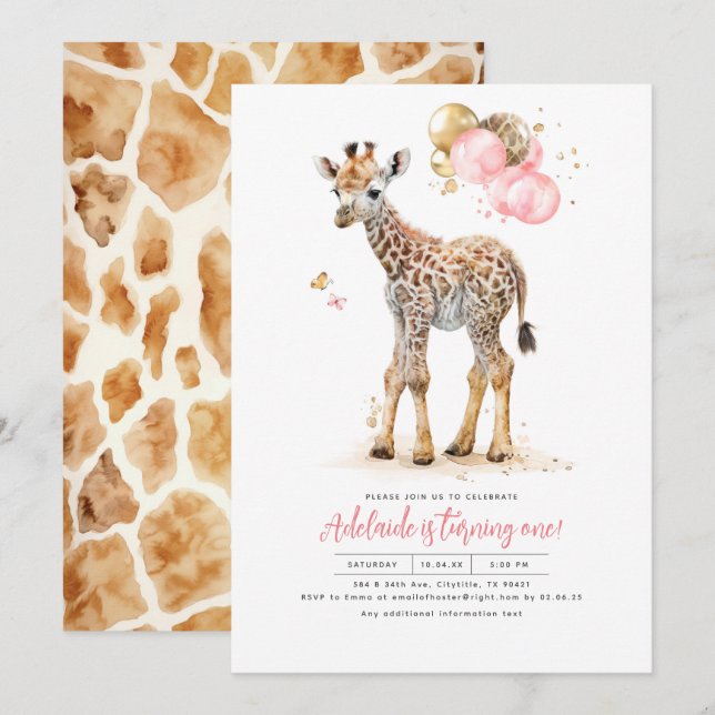 Little Giraffe Pink and Brown Girl's Birthday Invitation (Front/Back)