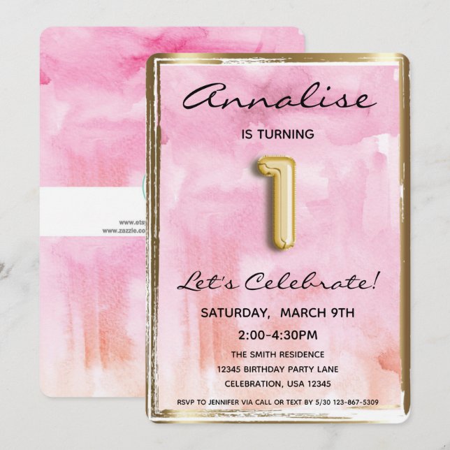 Little Girl 1st Birthday Pink and Gold Invitation (Front/Back)
