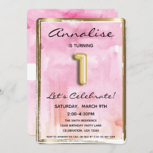 Little Girl 1st Birthday Pink and Gold Invitation