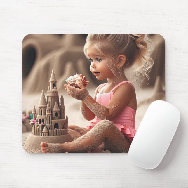 Little Girl Admiring a Seashell Mouse Pad (With Mouse)