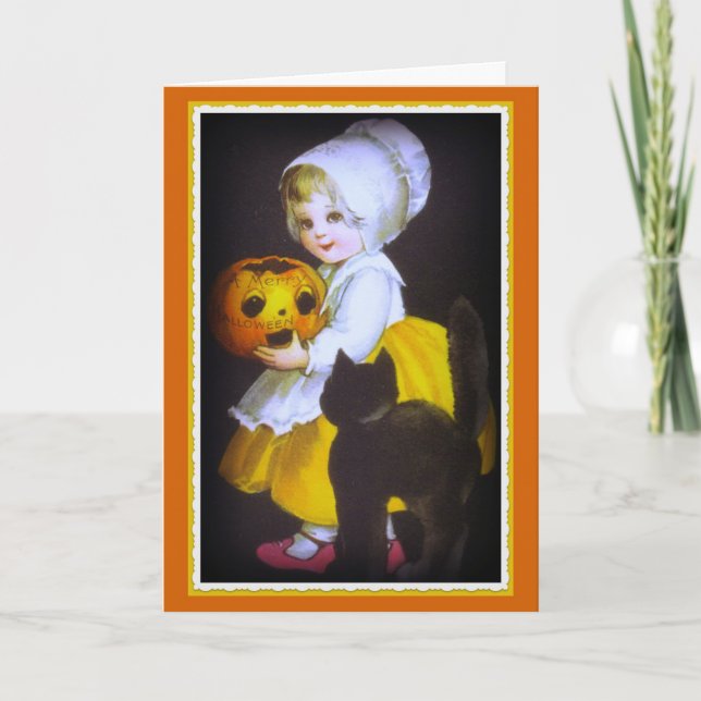 Little Girl and Black Cat Vintage Halloween Card (Front)