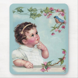 Little Girl and Blue Bird Mouse Pad