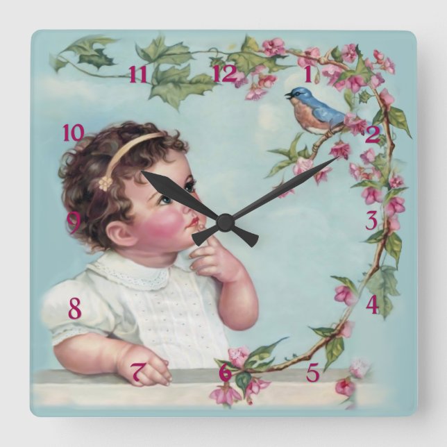 Little Girl and  Blue Bird Square Wall Clock (Front)