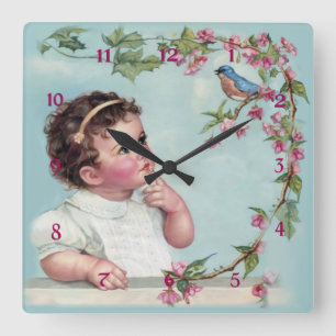 Little Girl and  Blue Bird Square Wall Clock