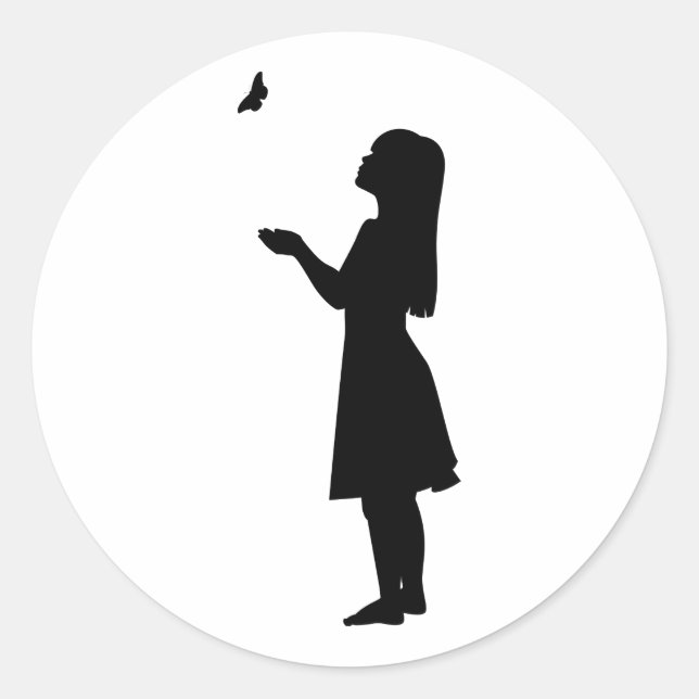 Little Girl And Butterfly Silhouette Child Nature Classic Round Sticker (Front)