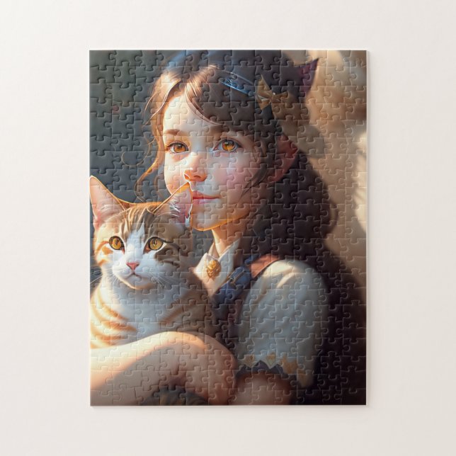LITTLE GIRL AND CAT ART JIGSAW PUZZLE (Vertical)