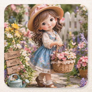 Little girl and her flower garden square paper coaster