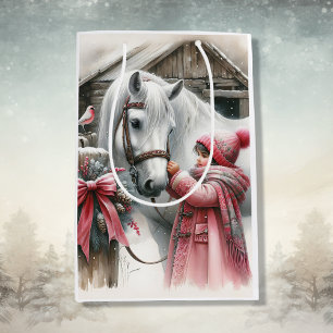 Little Girl and her Horse Rustic Christmas Medium Gift Bag