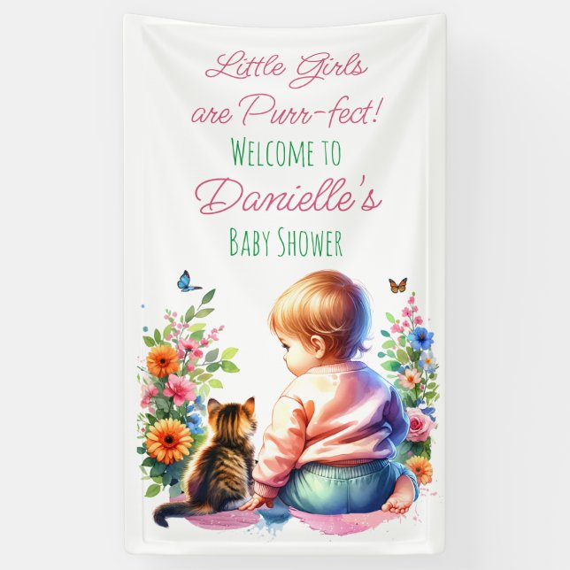 Little Girl and Kitten | Watercolor Baby Shower Banner (Vertical)