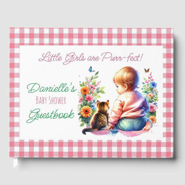 Little Girl and Kitten | Watercolor Baby Shower Guest Book (Front)