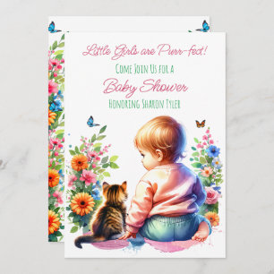 Little Girl and Kitten Watercolor Baby Shower Invitation