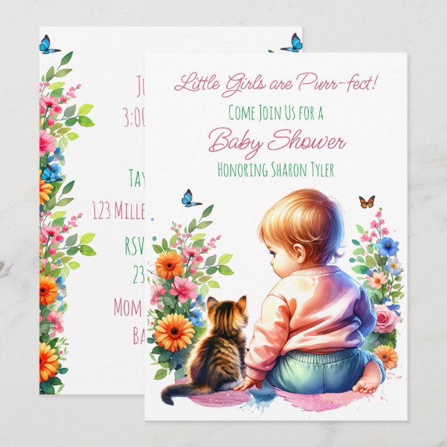 Little Girl and Kitten | Watercolor Baby Shower Invitation (Front/Back)