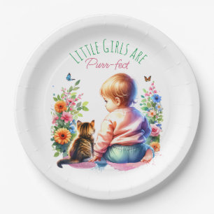Little Girl and Kitten   Watercolor Baby Shower Paper Plate