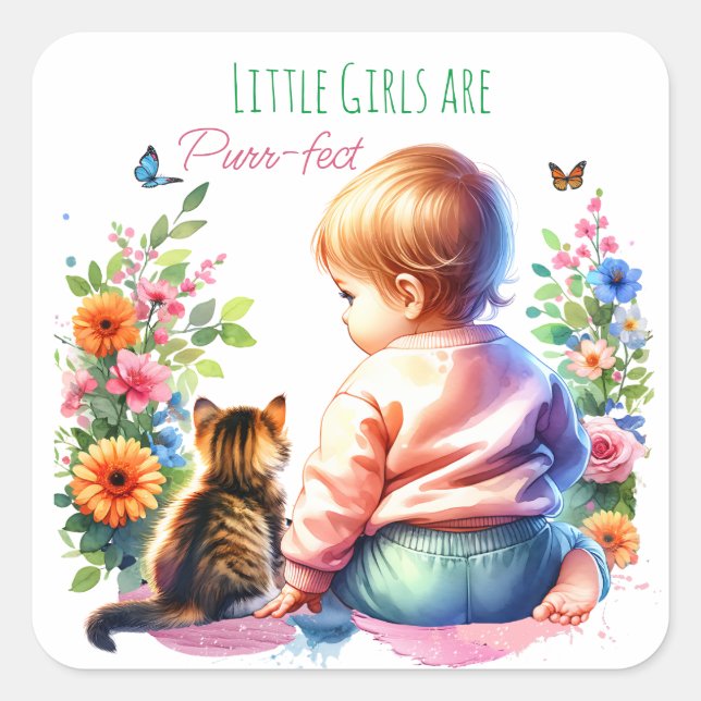 Little Girl and Kitten | Watercolor Baby Shower Square Sticker (Front)
