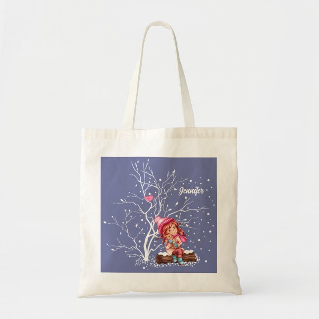 Little Girl and Kitty. Custom Name Christmas Gift  Tote Bag (Front)