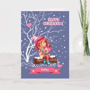 Little Girl and Kitty Custom Name Christmas Holiday Card