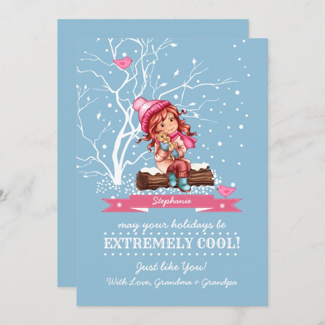 Little Girl and Kitty | Custom Name Christmas  Holiday Card (Front/Back)