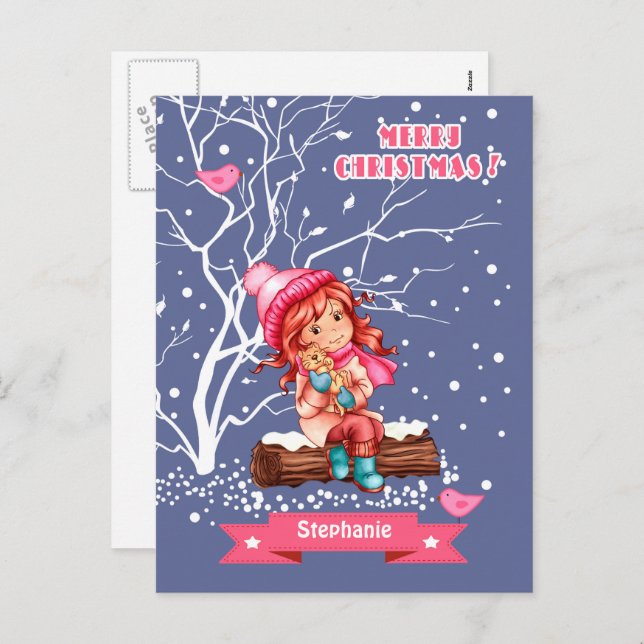 Little Girl and Kitty | Custom Name Christmas  Holiday Postcard (Front/Back)