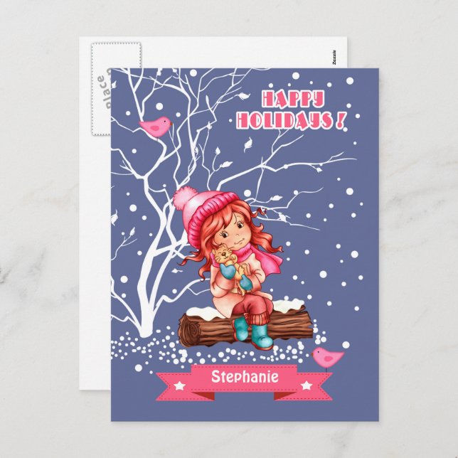Little Girl and Kitty | Custom Name Christmas  Holiday Postcard (Front/Back)