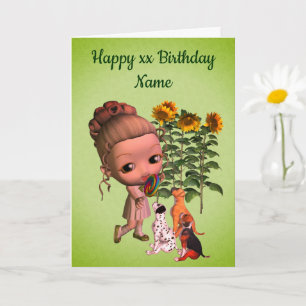 Little Girl And Puppies Personalised Birthday Card