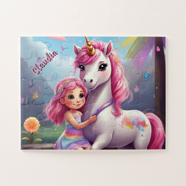 Little Girl and Unicorn Fantasy Personalised Jigsaw Puzzle (Horizontal)