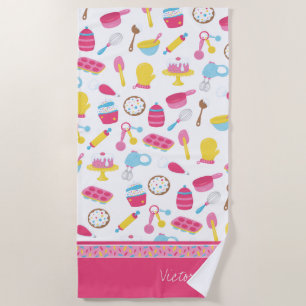 Little Girl Baker Pink Cooking Pattern Chef Kid Beach Towel