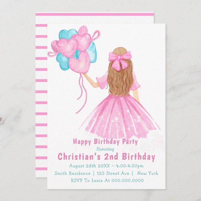 Little Girl Balloons 2nd Birthday Invitations  (Front/Back)