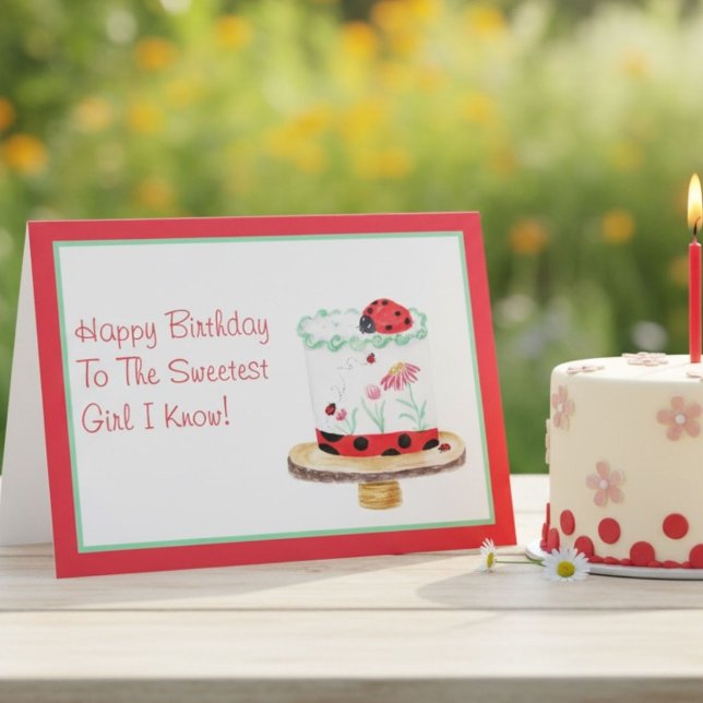 Little Girl Birthday Ladybug Cake Watercolor Sweet Card (Creator Uploaded)