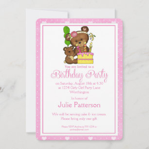 Little Girl Birthday Party Invitation Girly Bear 3