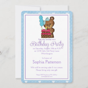 Little Girl Birthday Party Invitation Teddy Bear 1