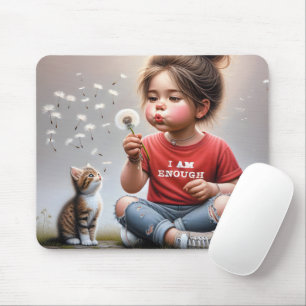 Little Girl Blowing Dandelions With Kitten Mouse Pad