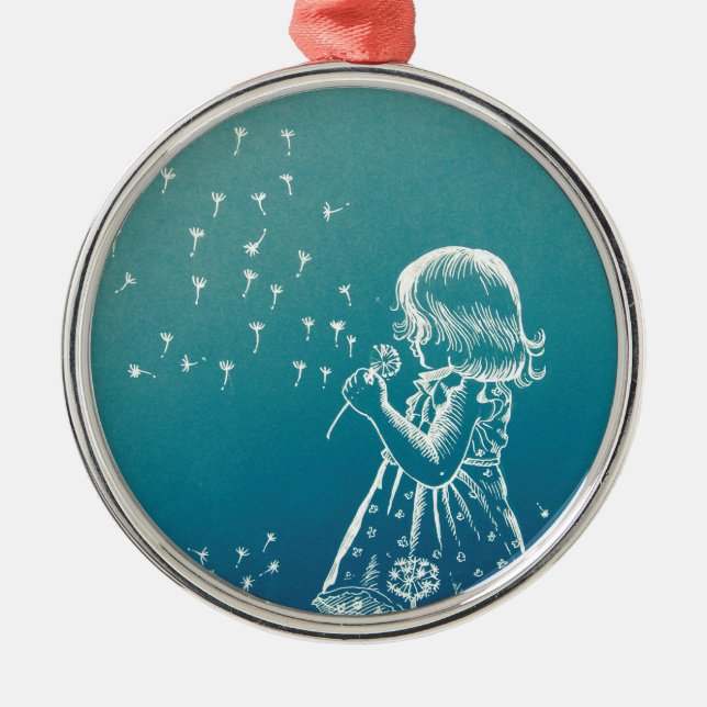 Little girl blowing on a dandelion metal tree decoration (Front)