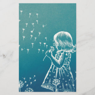 Little girl blowing on a dandelion stationery