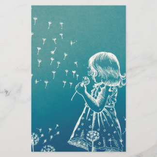 Little girl blowing on a dandelion stationery