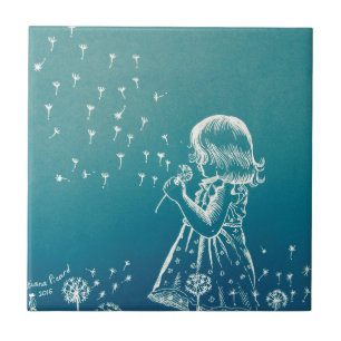 Little girl blowing on a dandelion tile
