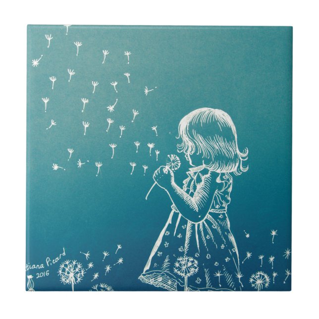 Little girl blowing on a dandelion tile (Front)