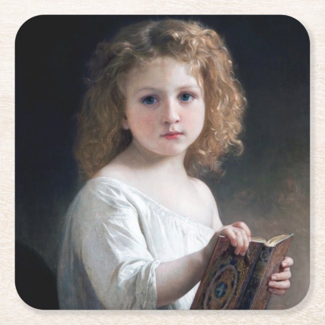 Little Girl, Bouguereau Square Paper Coaster (Front)