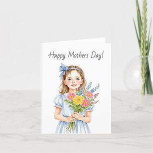 Little Girl Bouquet Watercolor Mothers Day Card