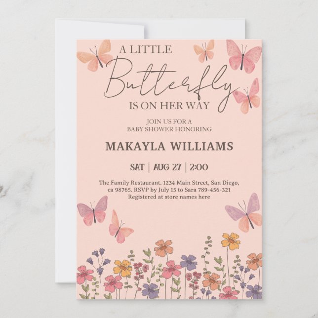 Little Girl Butterfly Pink Floral Baby Shower  Invitation (Front)