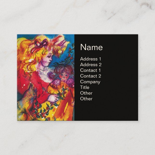 LITTLE GIRL,CAT AND PRETTY DOLL Red Black Business Card (Front)